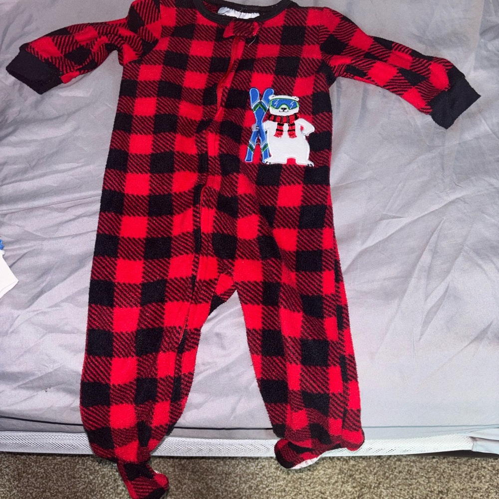 Babies Red and Black Buffalo Plaid One-Piece Pajamas with Polar Bear Patch